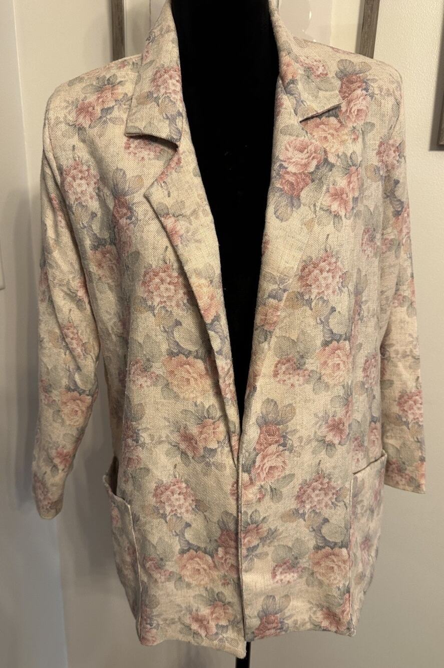 Women’s Vintage Floral Blazer Open Front Long Sleeve Size Small Flax Rayon Poly